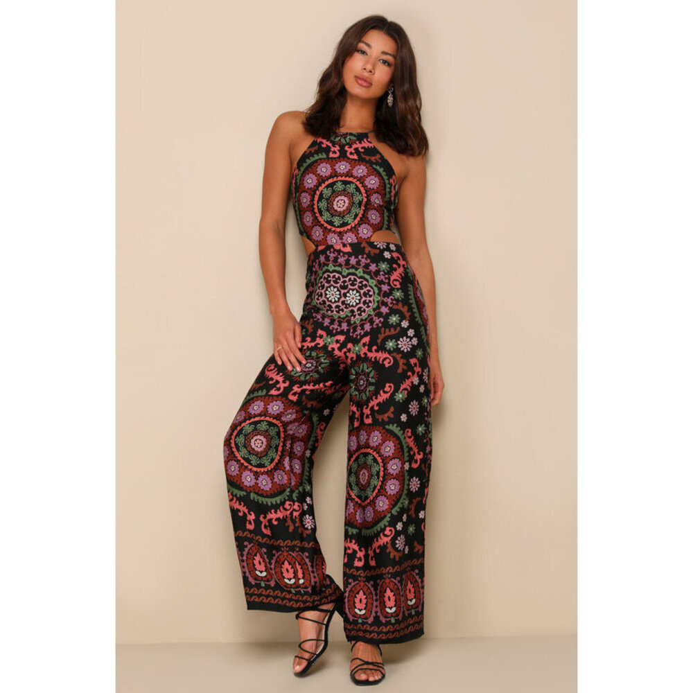 Lulus Iconic Perspective Black Boho Print Cutout Wide Leg Jumpsuit - Size S